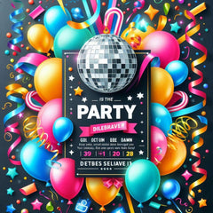 Colourful party invitation with balloons and disco ball