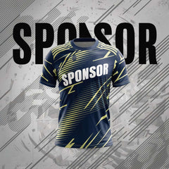 Navy blue sports t-shirt with yellow patterns and sponsor logo