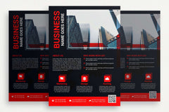 Tri-fold business brochure with cityscape and contact info