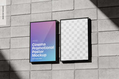 Two posters on brick wall, one with cinema mockup