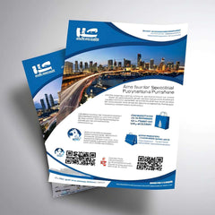 Corporate brochures with urban skyline and QR codes