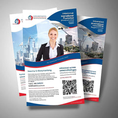 Brochures featuring woman, urban backdrop, text, and QR codes