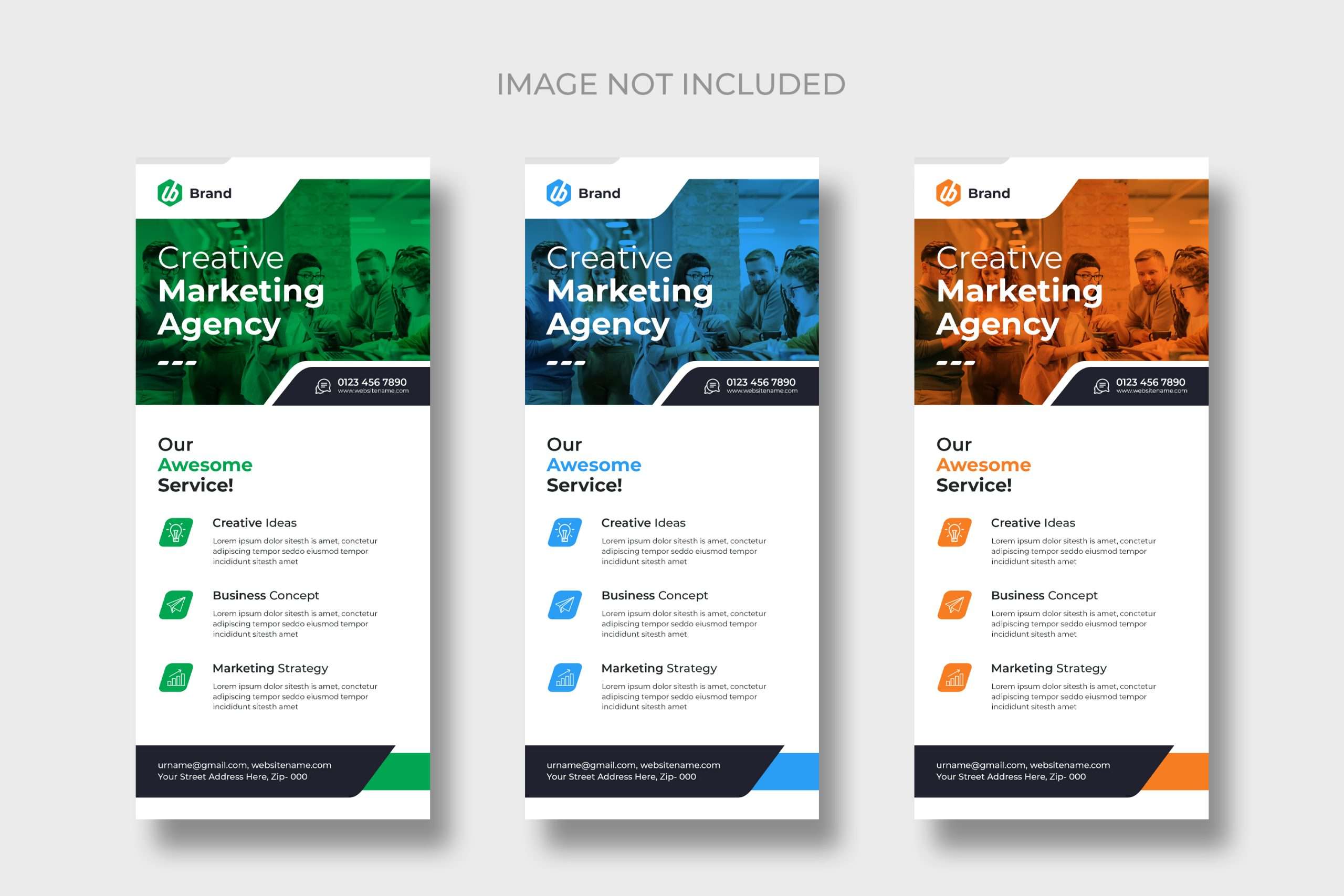 Three marketing agency brochures in green, blue, orange