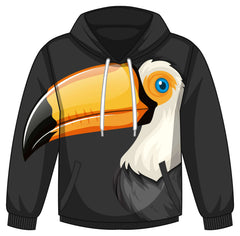 Cartoon toucan design on black hoodie