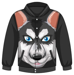 Hoodie with wolf face design, blue eyes