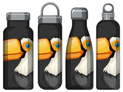 Four water bottles with creative bird face designs