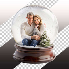 Couple embracing inside a snow globe with winter decor