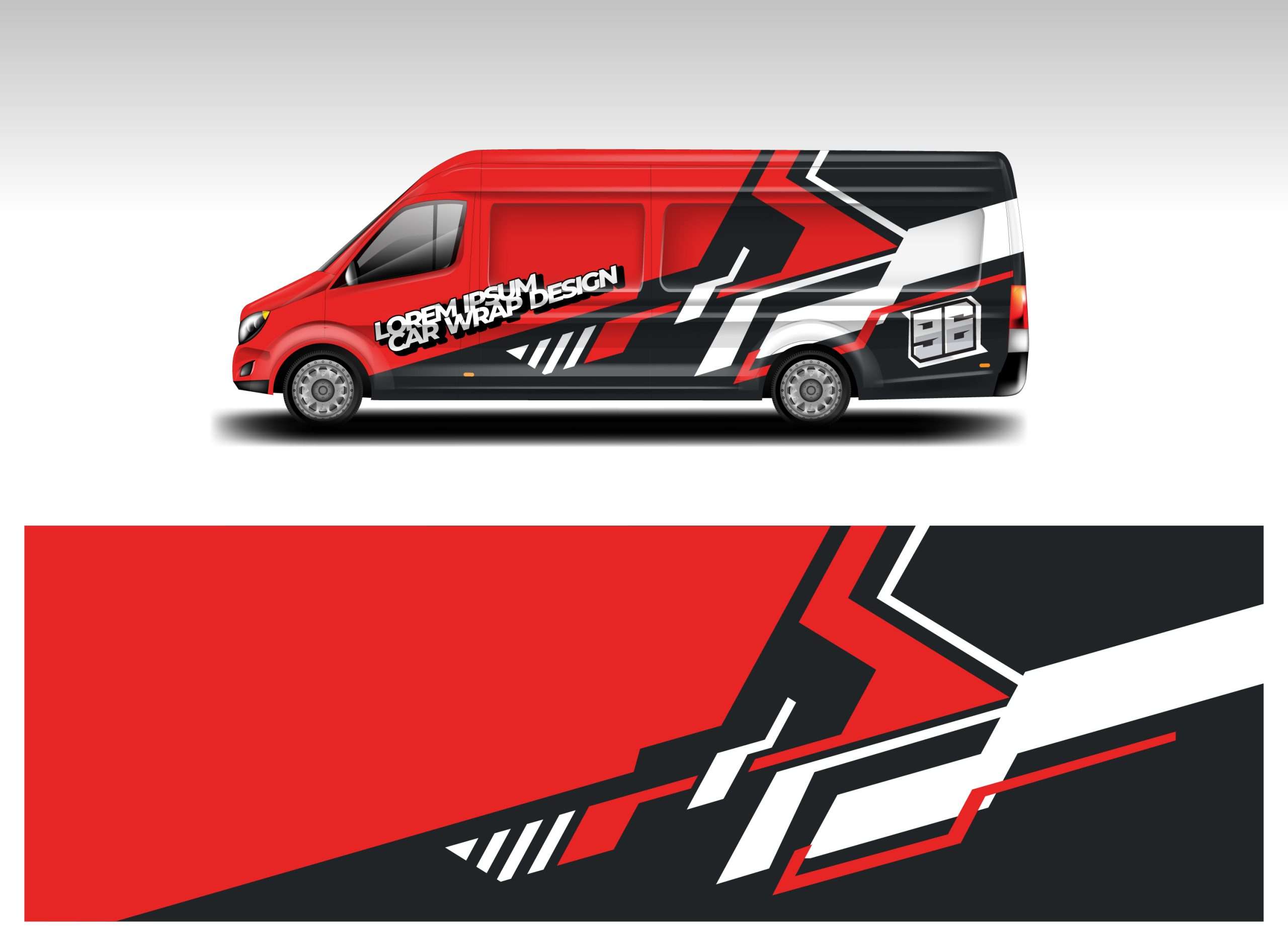 Red and black custom-designed van wrap