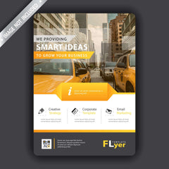 Business growth flyer with urban backdrop and yellow cabs.