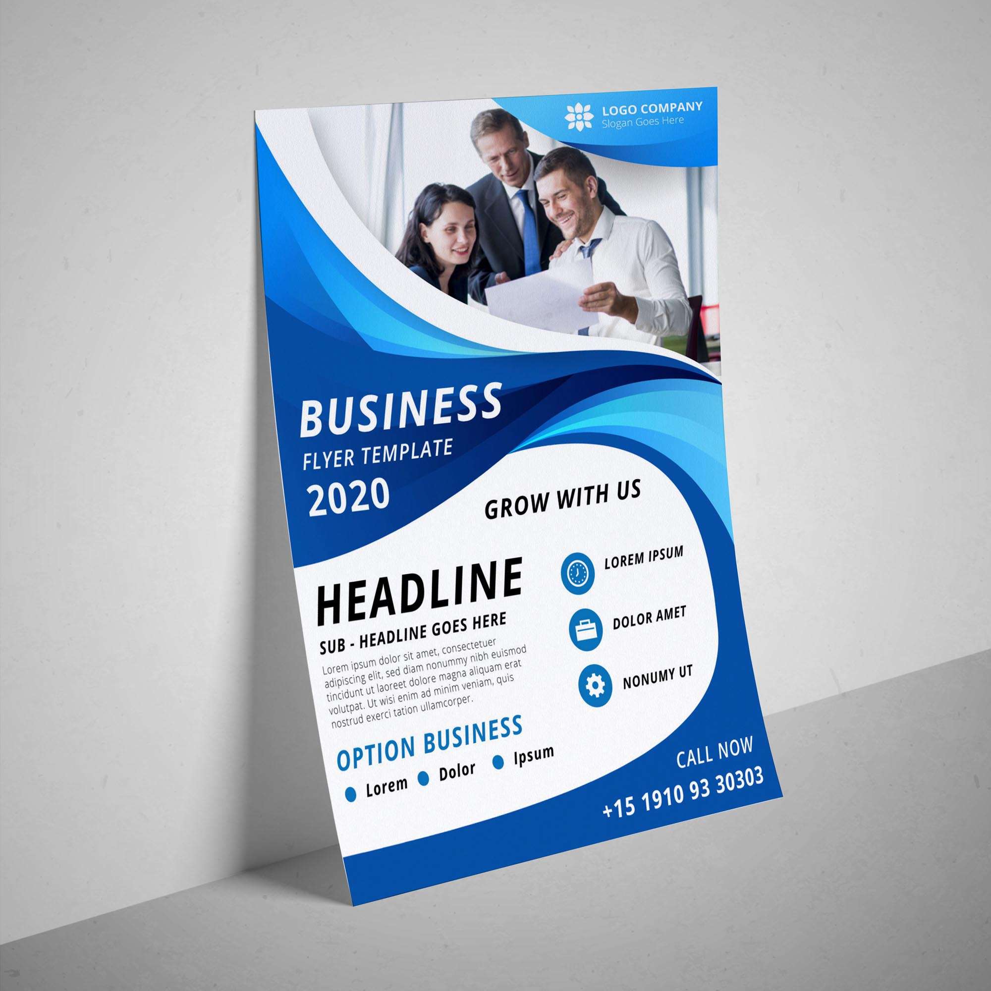 Professional business flyer template with team discussion photo.
