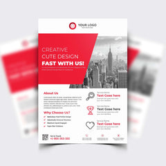 Red and grey advertisement flyer with city background.