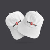 Two white baseball caps with red logo