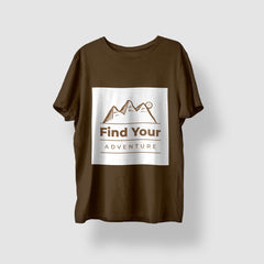 Brown t-shirt with 'Find Your Adventure' mountain design