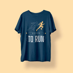 Navy t-shirt with 'Born to Run' graphic design