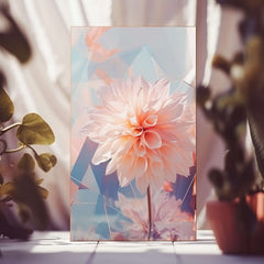 Geometric pastel dahlia artwork in sunlit room
