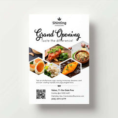 Flyer for restaurant grand opening featuring diverse dishes