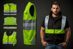 Man modeling reflective safety vest with product details