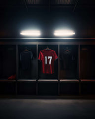 Red football jersey number 17 in dimly lit locker room