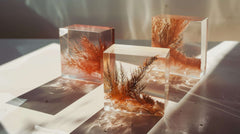 Resin blocks preserving vibrant autumnal branches in sunlight