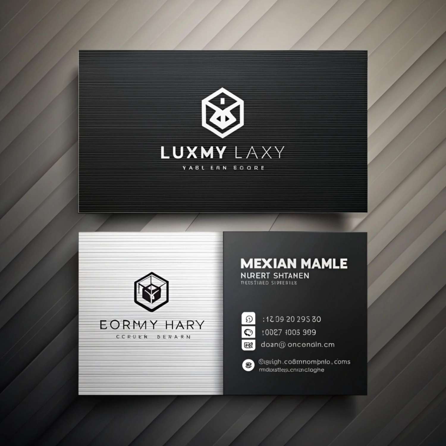 Two elegant business cards with geometric logos and text
