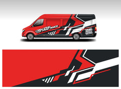 Red and black custom-designed van wrap