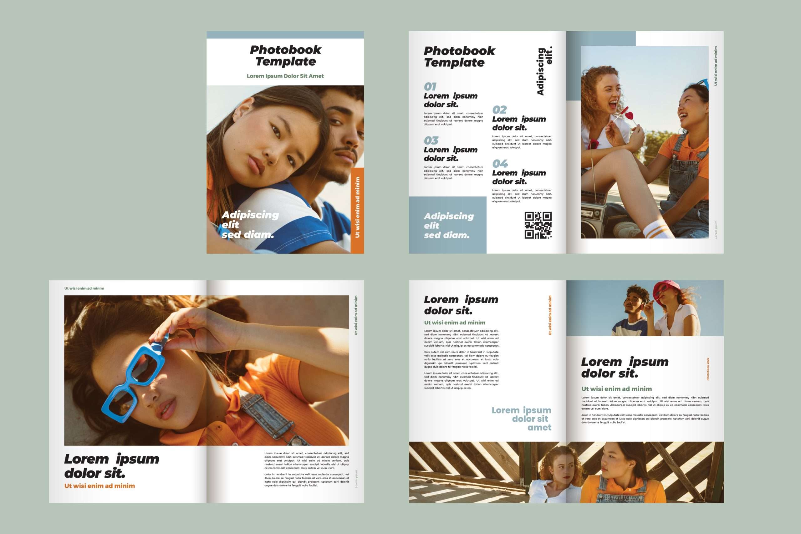 Multicultural people in various poses in photobook template.