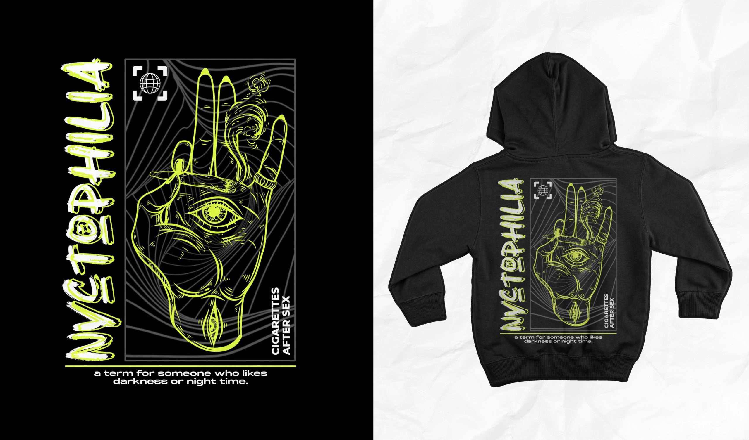 Hoodie with neon nyctophilia-themed hand graphic design