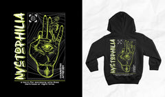 Hoodie with neon nyctophilia-themed hand graphic design