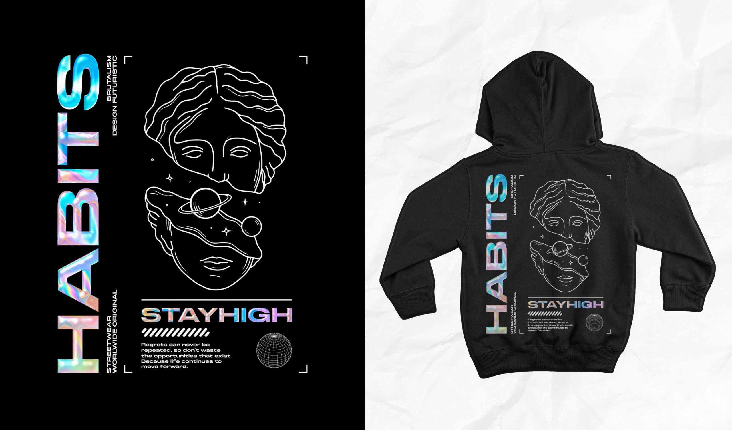 Hoodie with celestial design and 'HABITS' graphic text