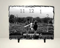 Surreal image of children inside clock overlaying landscape