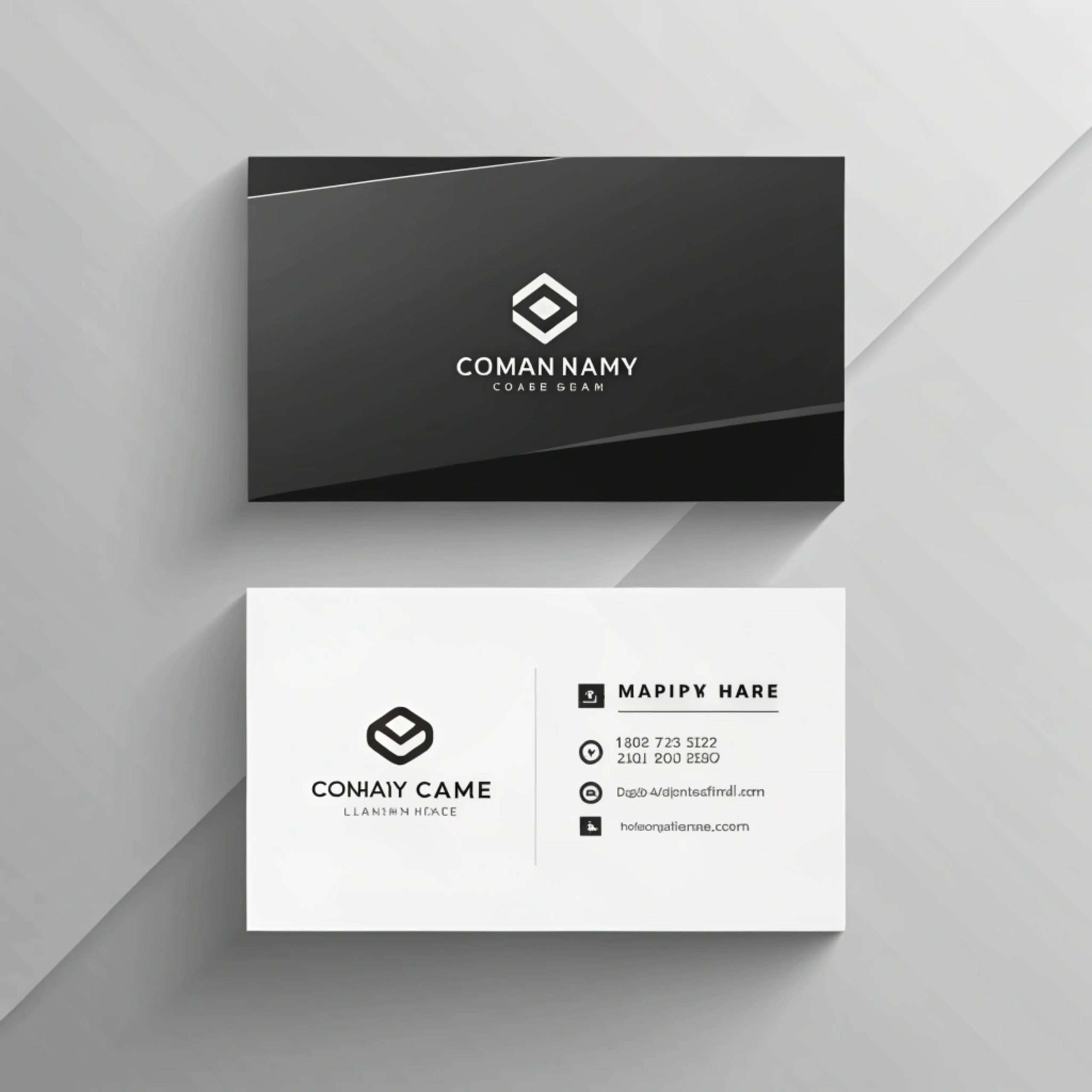 Black and white business cards for fictional companies.